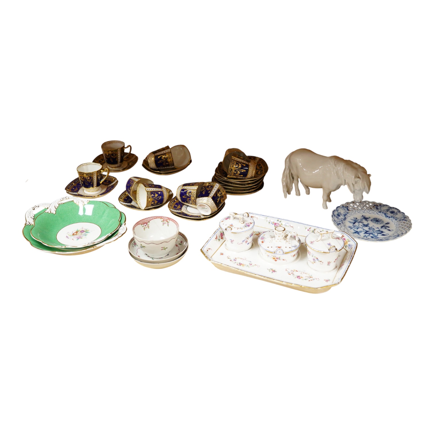 A collection of Coalport porcelain to include cups and saucers, a Meissen Pony, Meissen blue and white plate and a 19th century desk stand, largest 25cm wide